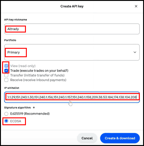 Coinbase API key permissions screen