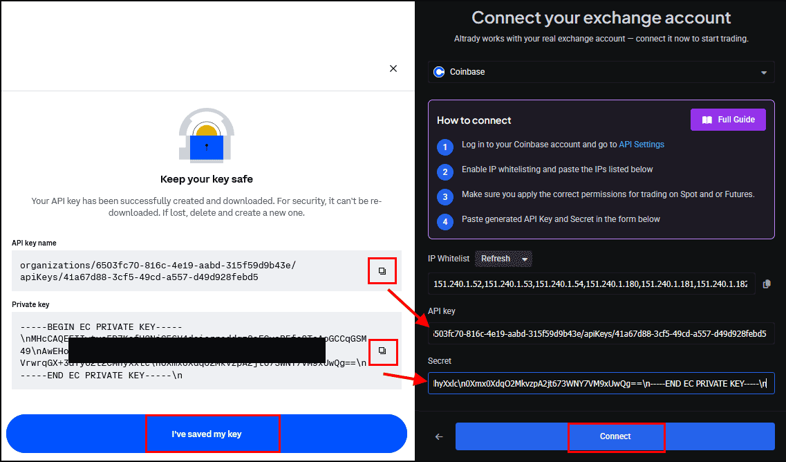 Pasting API key and secret into Altrady