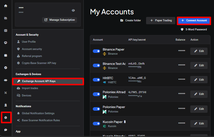 Connect Account button in Altrady