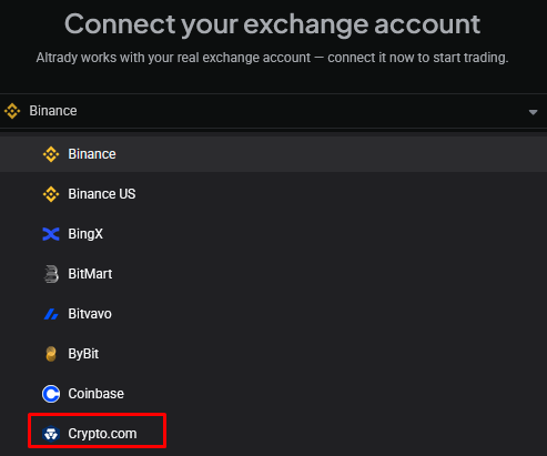 Selecting Crypto.com from the exchange dropdown
