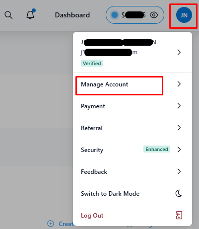 Manage Account option on Crypto.com