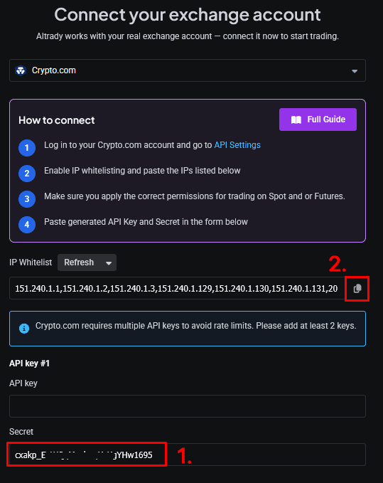 Pasting the secret and copying the IP whitelist in Altrady