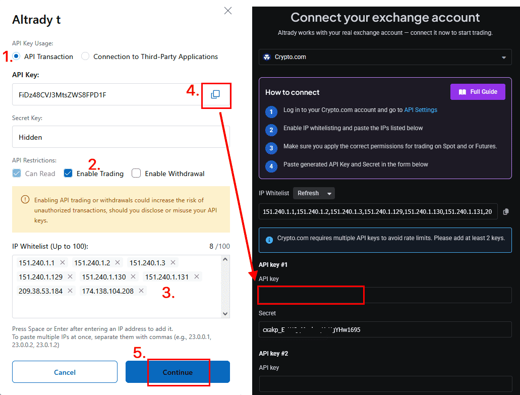 Enabling trading and pasting the IP whitelist on Crypto.com