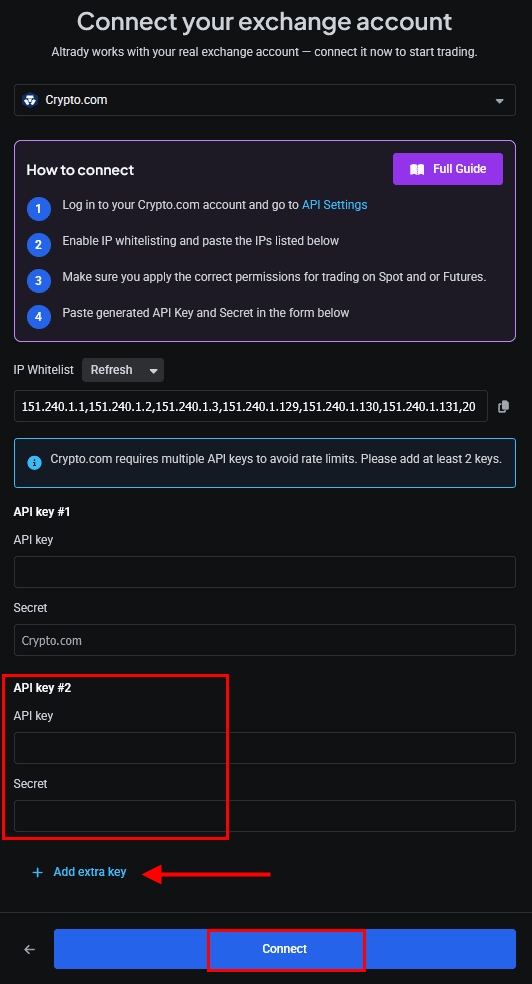 Adding a second API key in Altrady