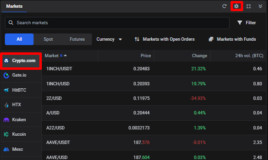 Markets widget settings showing exchange order