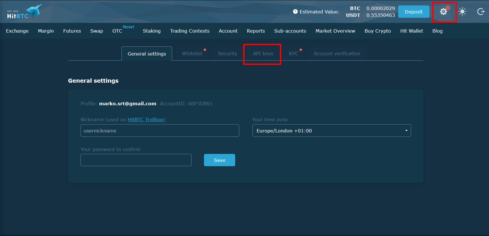 HitBTC Settings menu