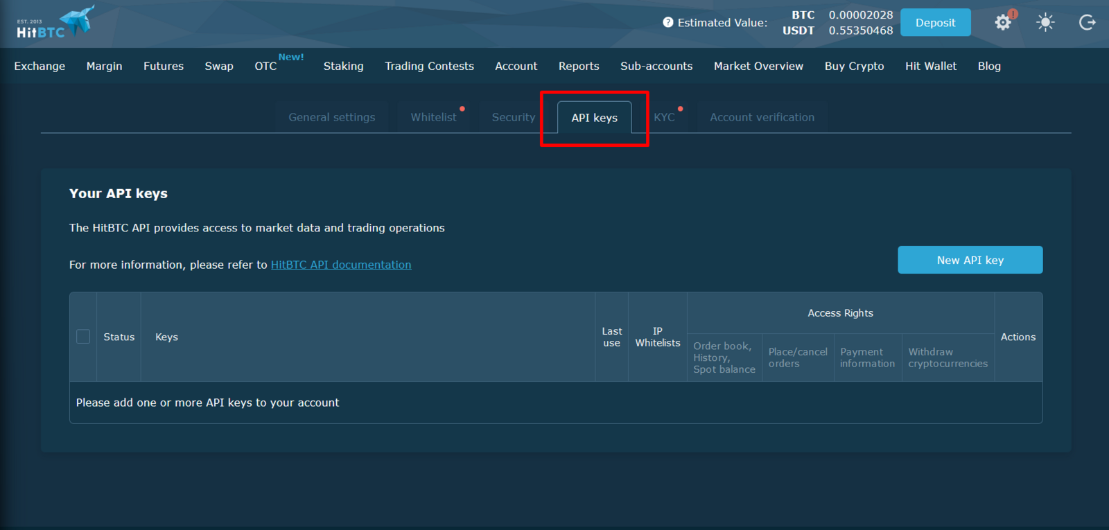 HitBTC API keys tab