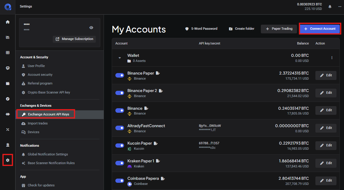 Add API key screen in Altrady