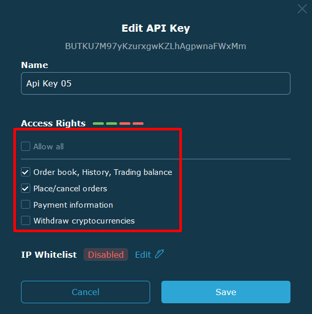 Saving API key permissions on HitBTC