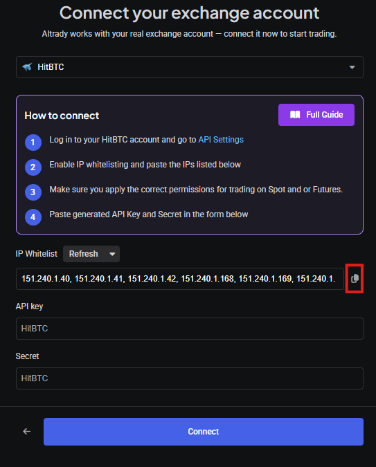 Copy IP whitelist icon in Altrady