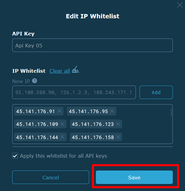 Add and save IP whitelist on HitBTC