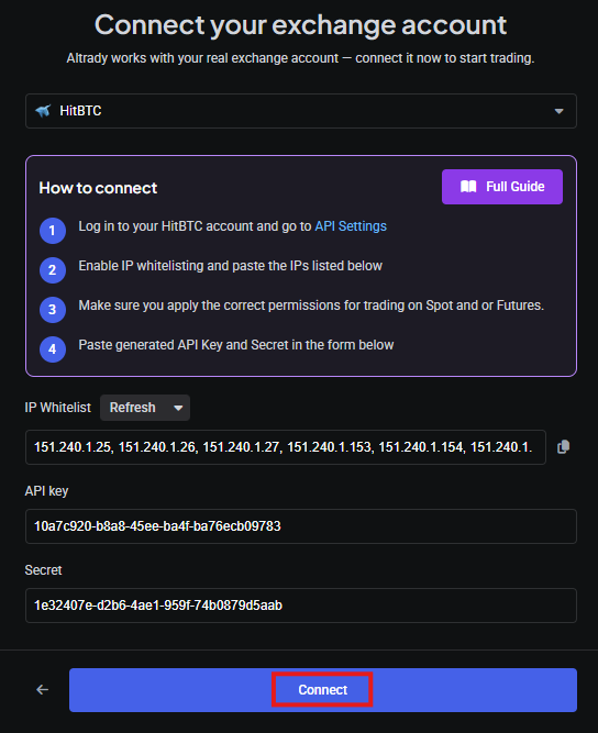 Connect button in Altrady