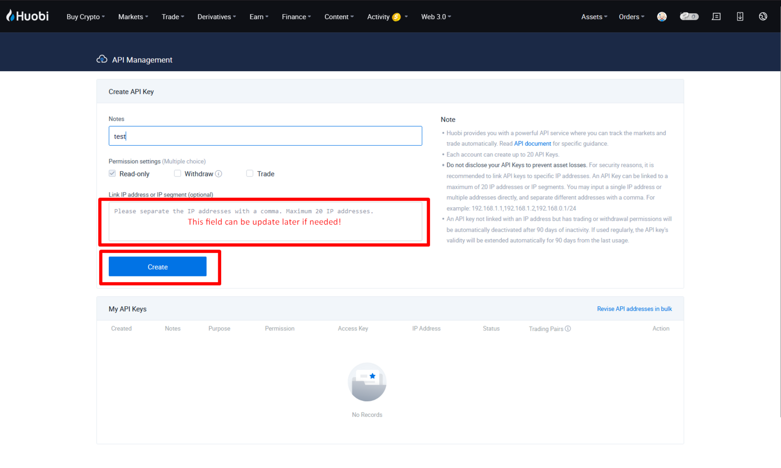 Creating a new API key on HTX