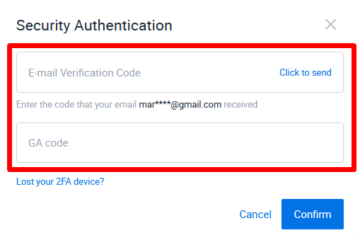 Email verification pop-up on HTX
