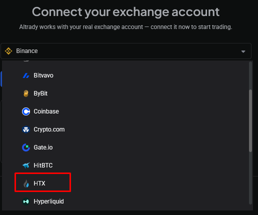 Selecting HTX from the exchange dropdown in Altrady