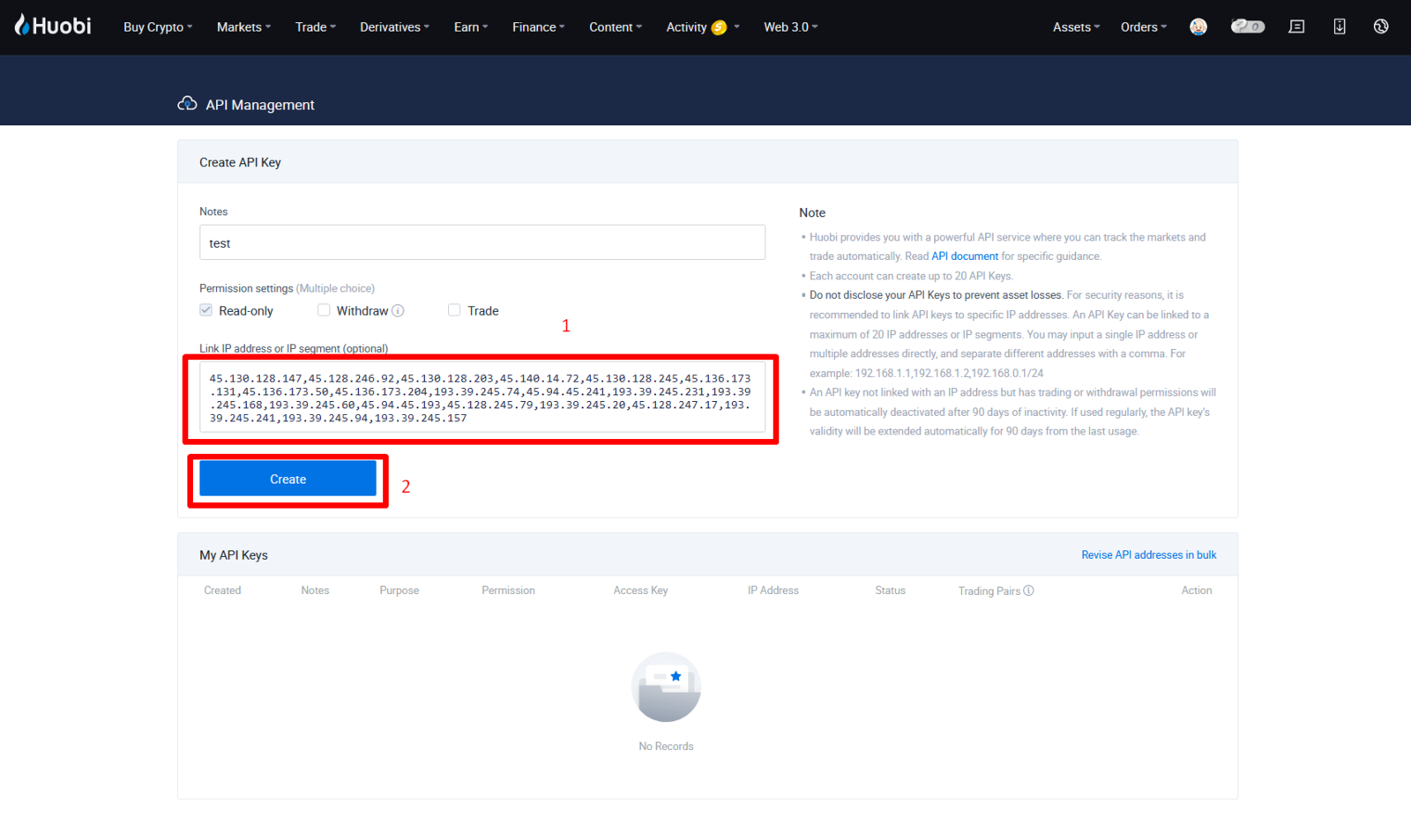 Ticking Trade permission and pasting the IP whitelist on HTX