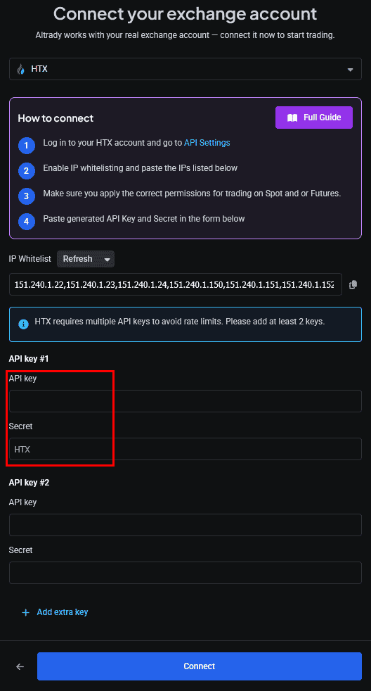 Pasting the API key and secret into Altrady under API key #1