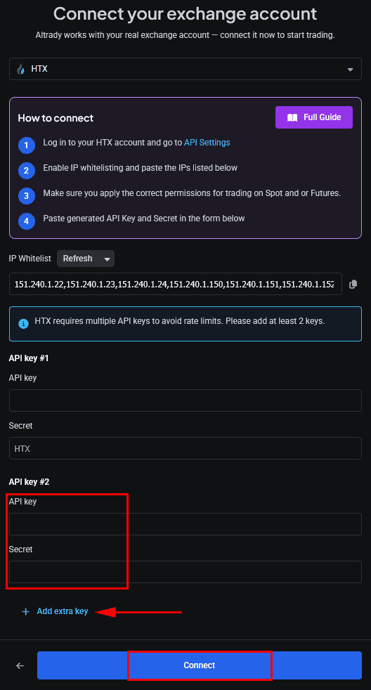 Adding an extra API key in Altrady