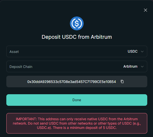 After logging in with email, transfer USDC to your Hyperliquid account (using the Arbitrum network)