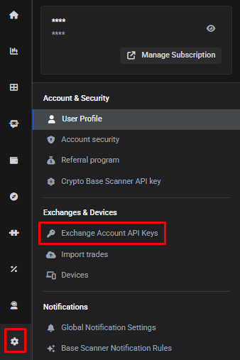 Settings menu showing Exchange Account API keys