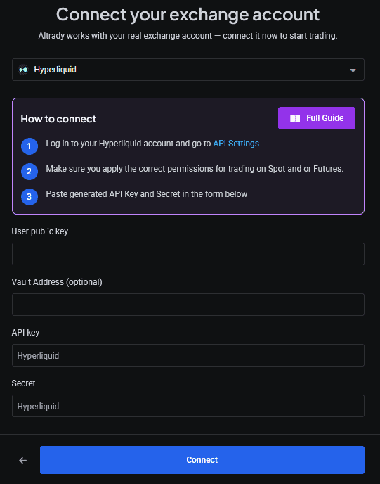 Altrady trading account ready for API key details