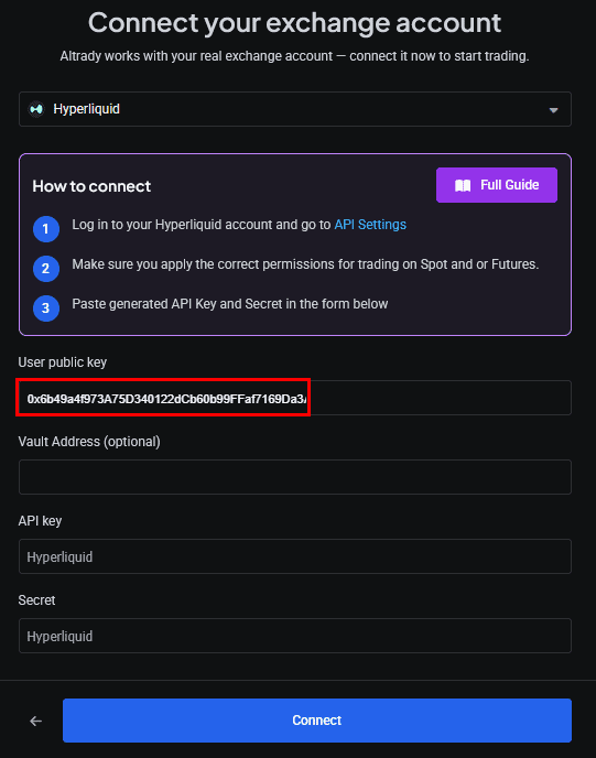 Pasting the User Public Key into Altrady