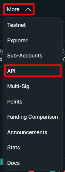 Hyperliquid More menu with API option