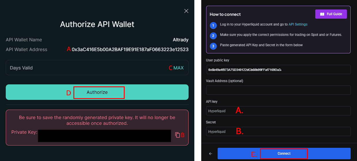 Setting API key details in Altrady