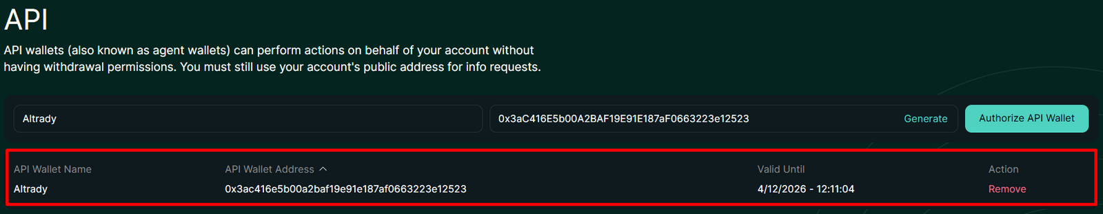 Authorized API wallet listed on the Hyperliquid API page