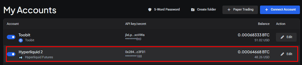 New Hyperliquid accounts on the Accounts page