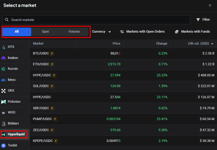 Choosing a Hyperliquid pair from the Markets widget