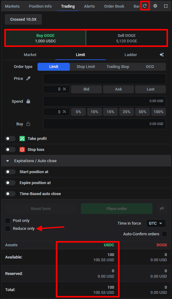 The Trading widget for a Futures pair showing wallet balance (bottom), available balance (top), and Reduce-only (for closing an open position without a smart order)