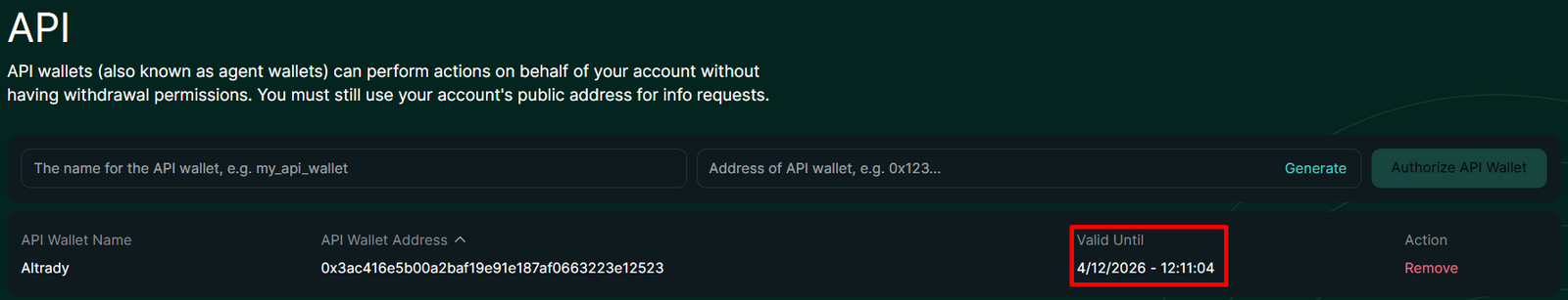 API wallet Valid Until date on the Hyperliquid API page