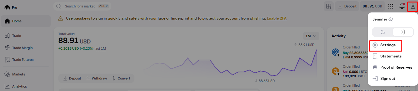 Kraken profile menu with the Security option highlighted