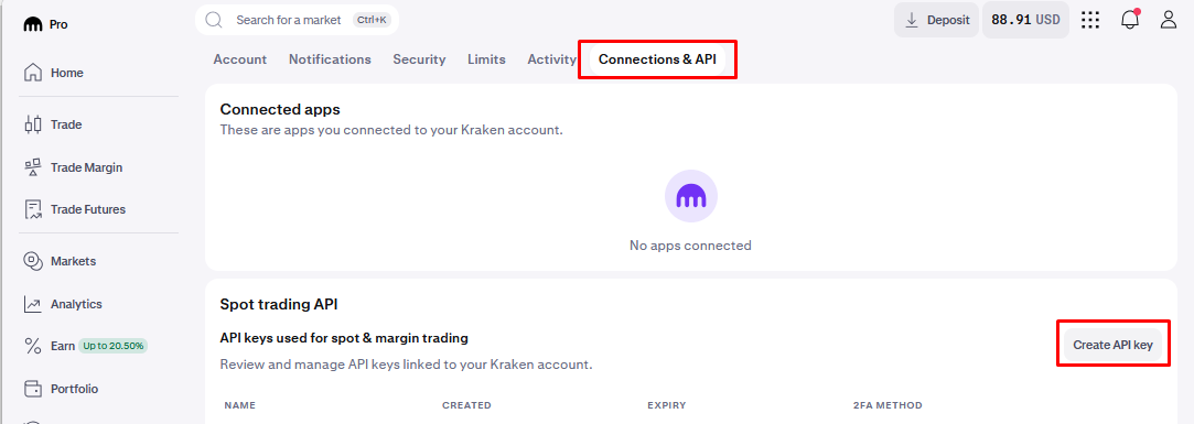Create API Key button under Spot Trading API