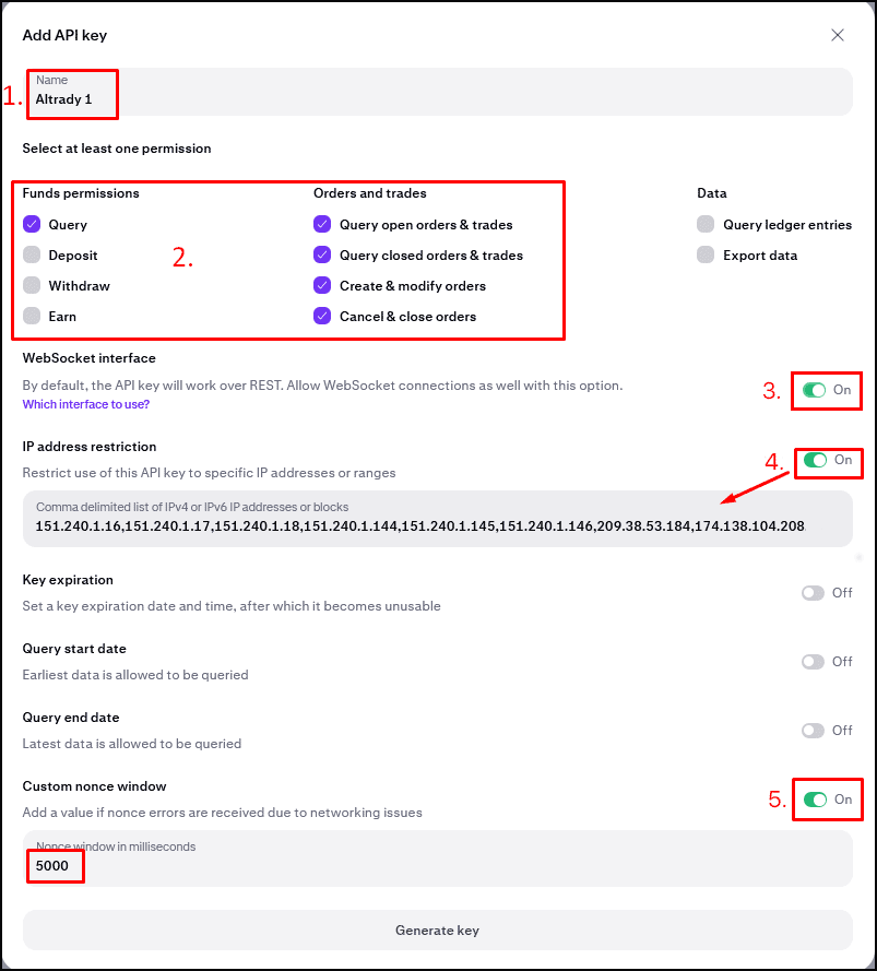 Kraken API key creation form with permissions and nonce window settings