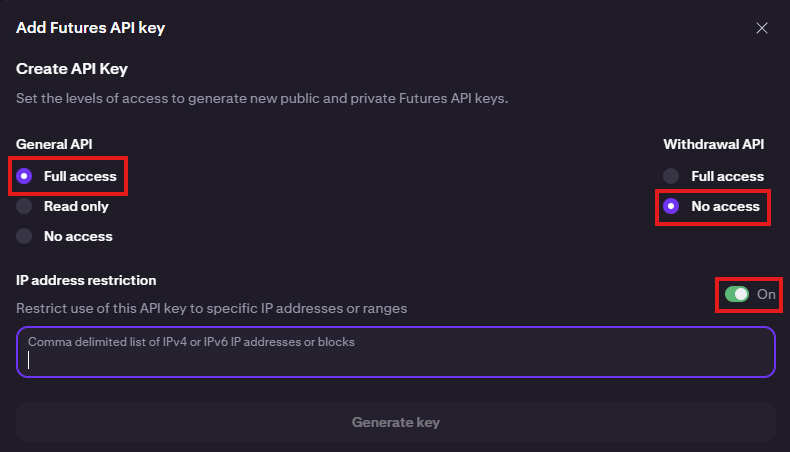 Kraken Futures API permissions with Withdrawal set to No access
