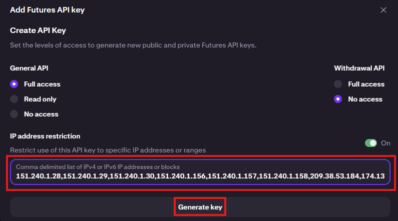 Generate key button on Kraken Futures API form