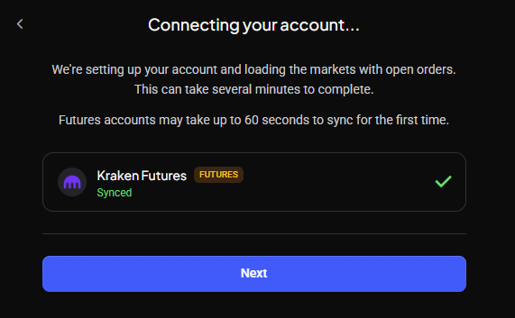 Green checkmark confirming a successful Kraken Futures connection