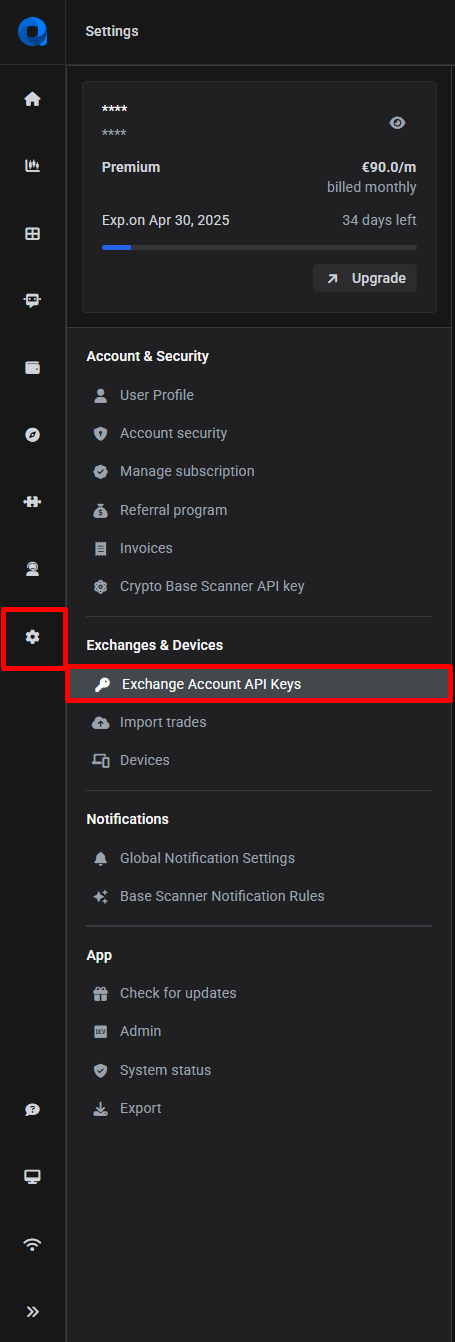 Settings then Exchange Account API Keys