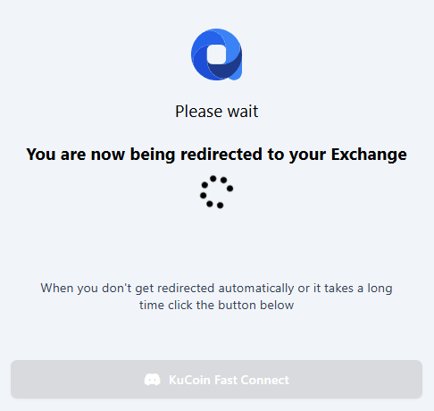 Redirect screen with KuCoin Fast Connect button