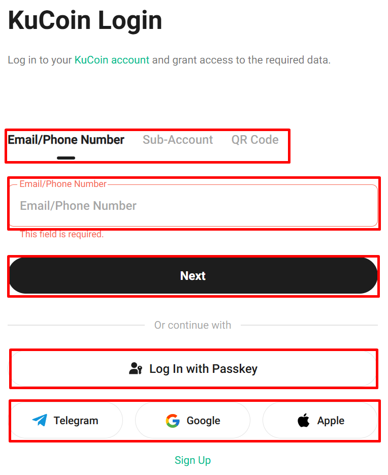 KuCoin login screen