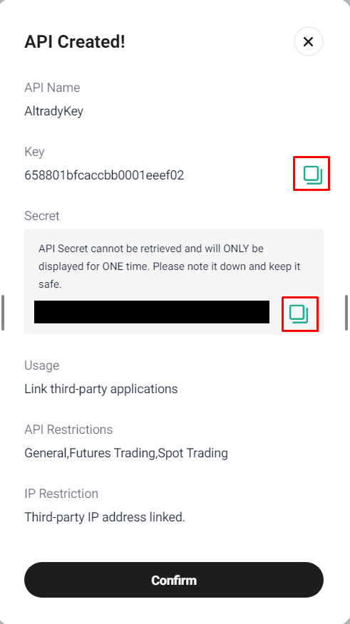 API key and Secret key modal