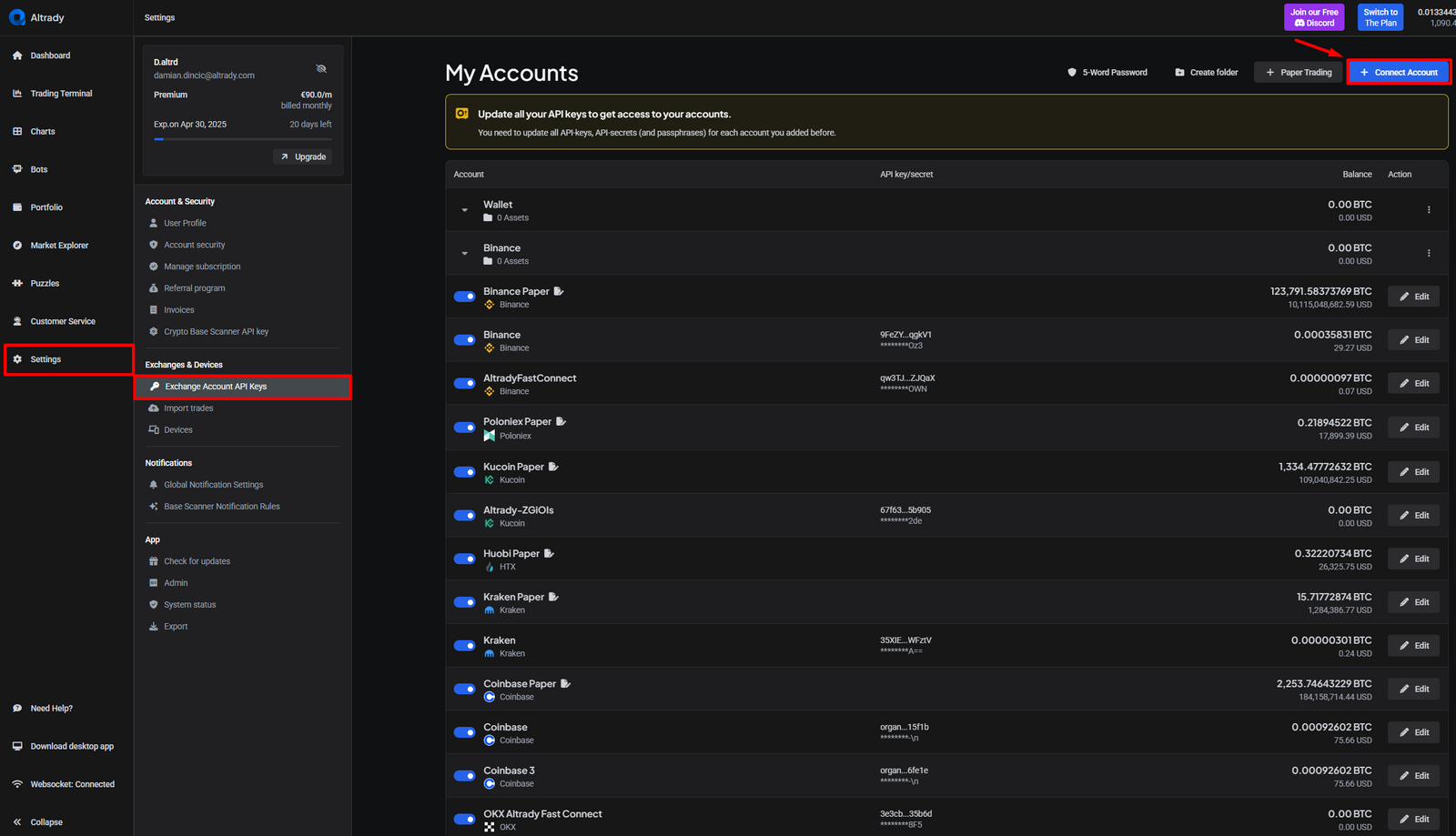 Connect Account button in Altrady