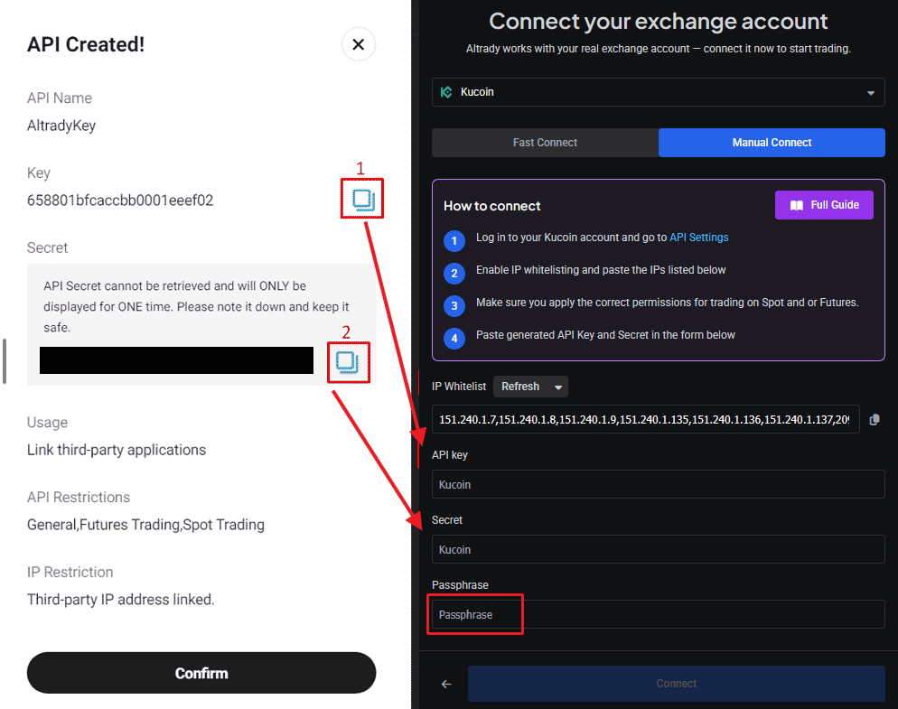 Confirming the connection with the API key details