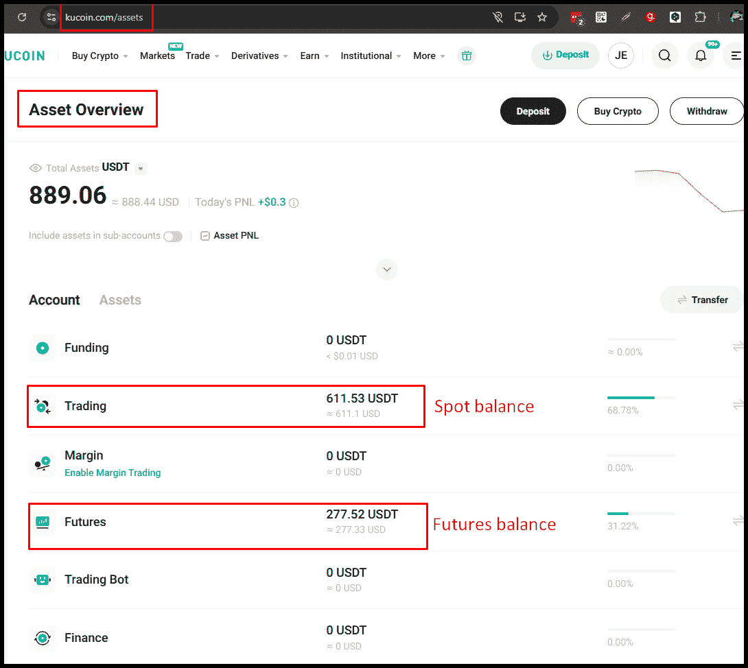 Account summary showing balances in KuCoin
