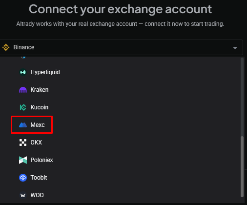 Select MEXC from the exchange dropdown