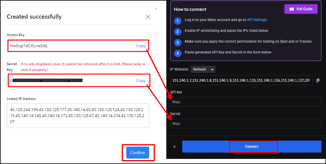 Copy the API key and secret from MEXC to Altrady
