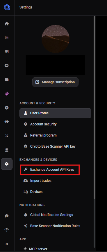 Settings menu showing Exchange Account API Keys