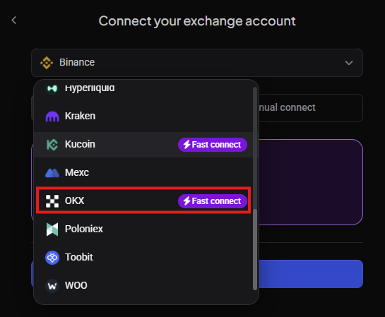 Selecting OKX from the exchange list
